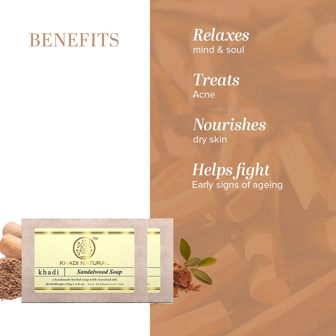 Khadi Natural Sandalwood Soap | Natural Bathing Soap | Herbal Soap for Reducing Acne | Handmade Soap for All Skin Types | Paraben & Sulphate-Free Soap 250g
