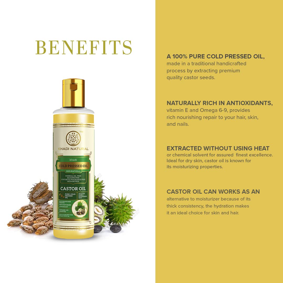 Khadi Natural Cold Pressed Castor Oil | Castor Oil for Healthy Hair | Cold Pressed Oil for Skin & Hair | Oil for Healthy Hair | Mineral Oil & Silicone-Free | Suitable for All Skin & Hair Types| 210 ml
