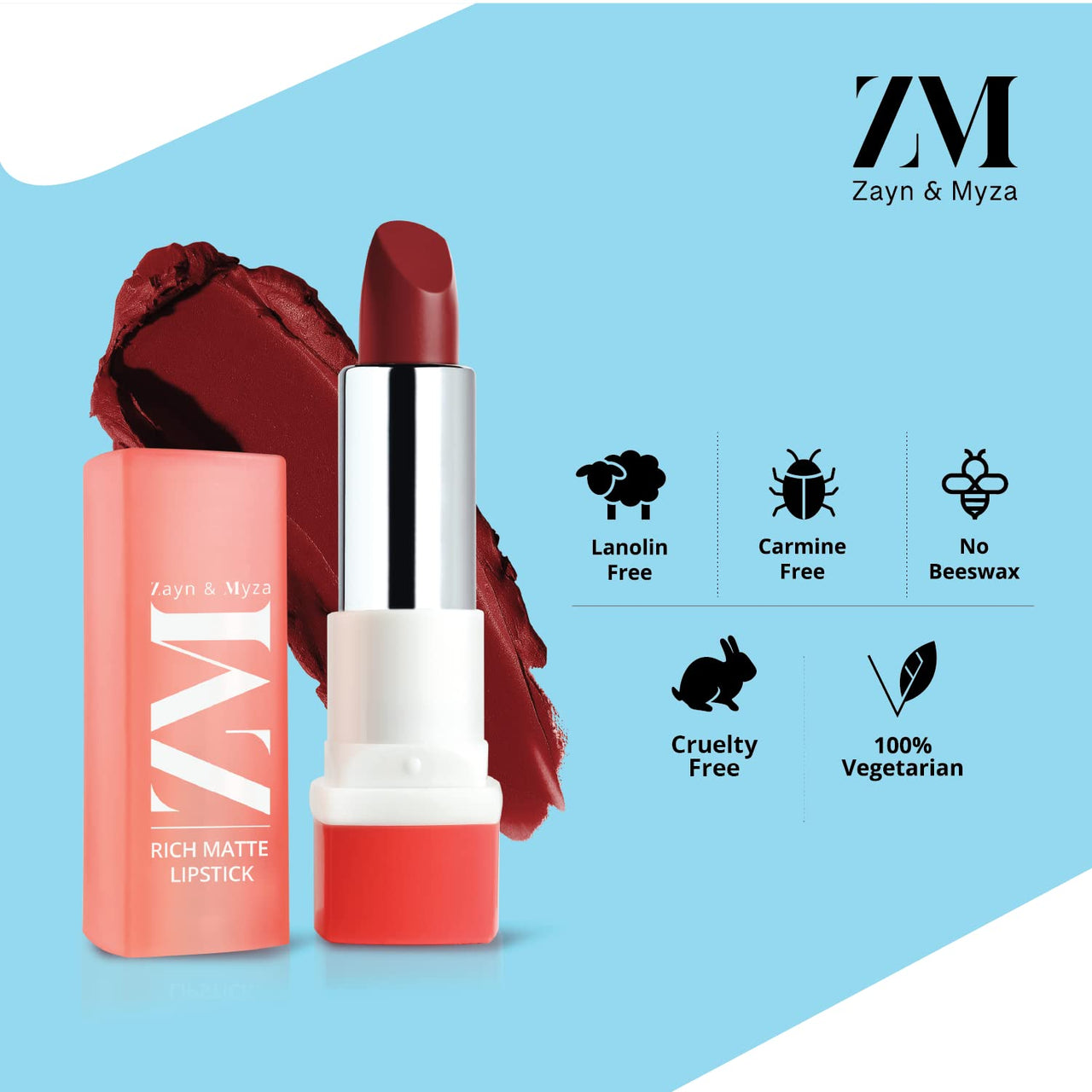 ZM Zayn & Myza Rich Matte Lipstick, Smooth and Light Weight, Intense Color in one Swipe, High Pigmentation Bullet Lip Stick Enriched with Argan oil, Murumuru and Shea Butter, 4.2 g (Mellow Drama)