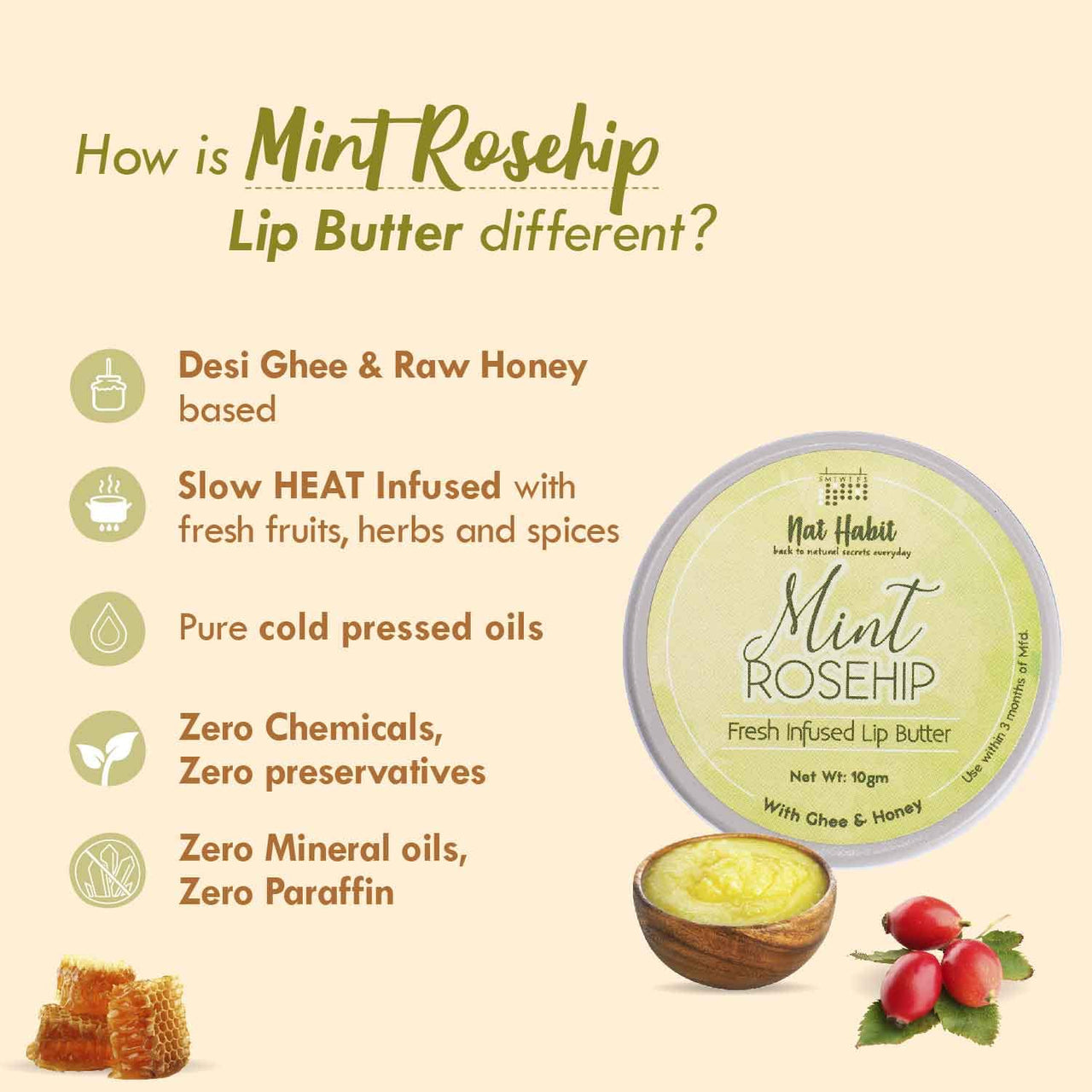 Nat Habit Mint Rosehip Lip Balm Fresh Infused Lip Butter With Desi Ghee & Raw Honey For Lip Pigmentation, Lightening, Lip Repair, Dark And Chapped Lips - 10gm (Pack of 2)