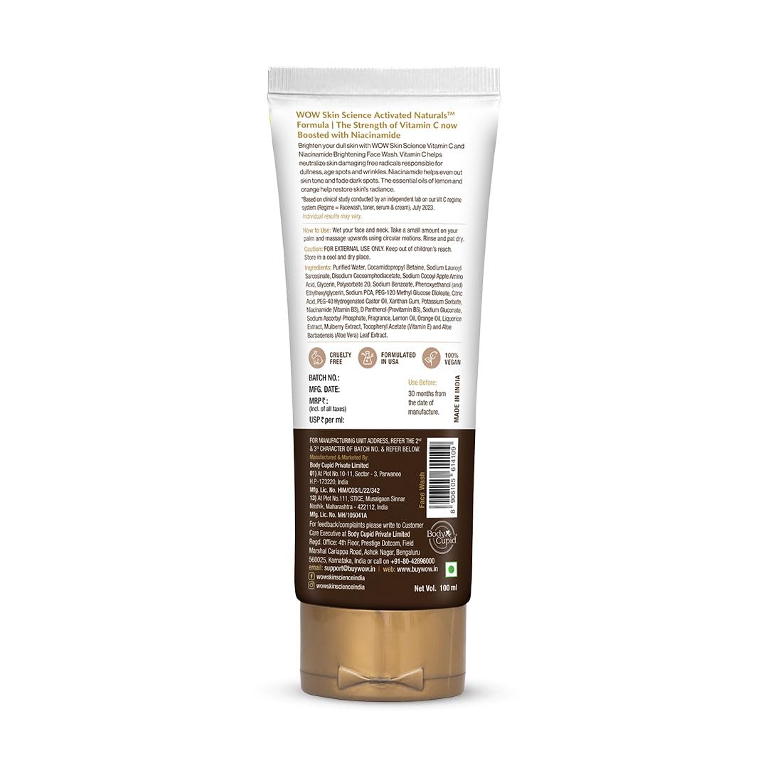 WOW Skin Science Brightening Vitamin C & Niacinamide Face Wash | For Brighter Glow | Paraben & Sulphates Free | Face Wash for Women & Men | 100 ml