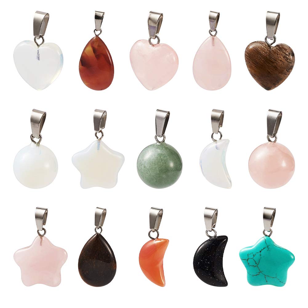 FASHEWELRY 30Pcs Mixed Stone Pendants Heart Moon Teardrop Round Healing Crystal Quartz Chakra Bead Charms for Necklace for Jewelry Making Hole: 2x7mm 1-Mixed Color-Mixed Shape