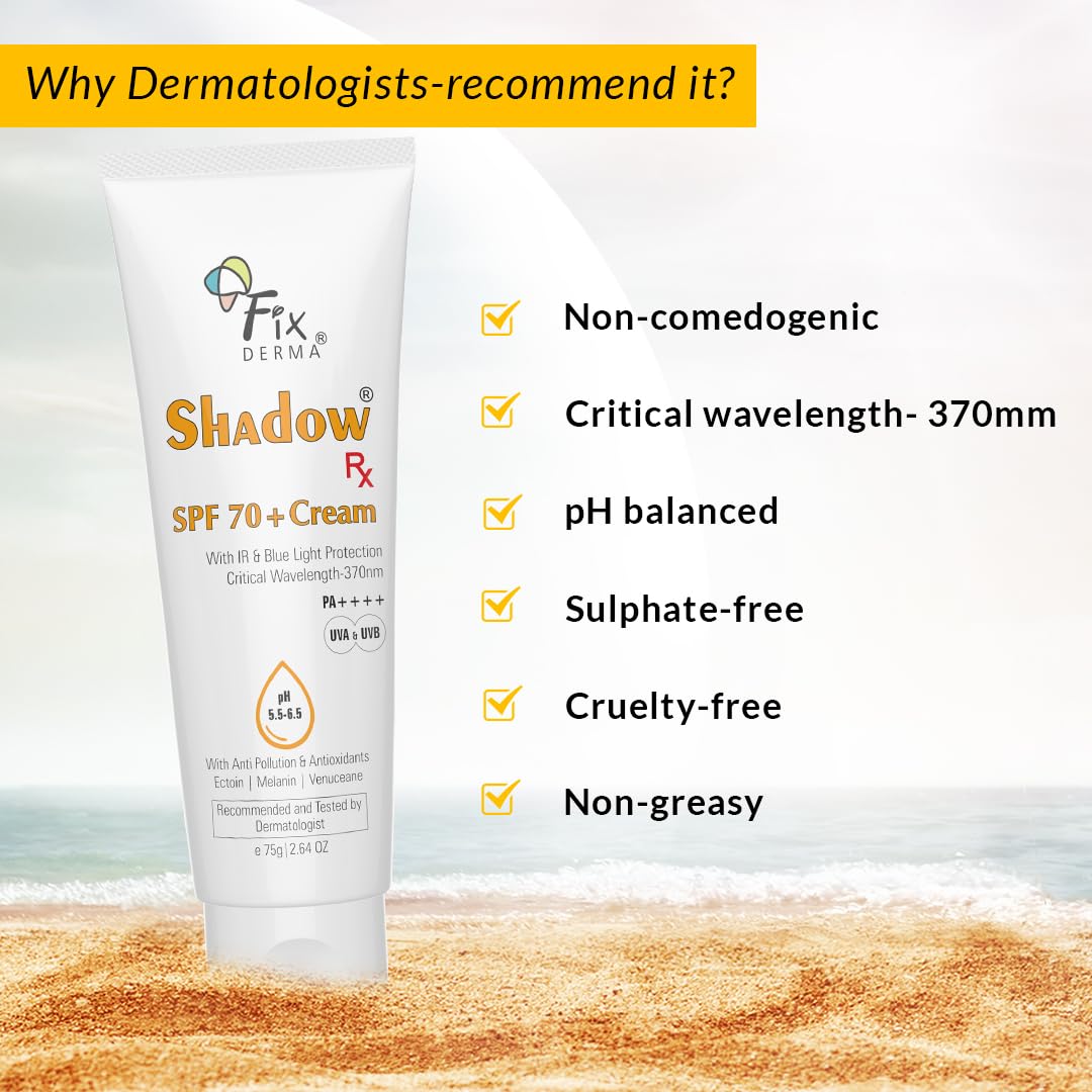 Fixderma Shadow RX Sunscreen SPF 70+ Cream | Sunscreen for Dry Skin | Sunblock SPF 70 | Hybrid Sunscreen with UVA & UVB Filters, Antioxidants, IR Protection and Blue Light Protection - 75gm