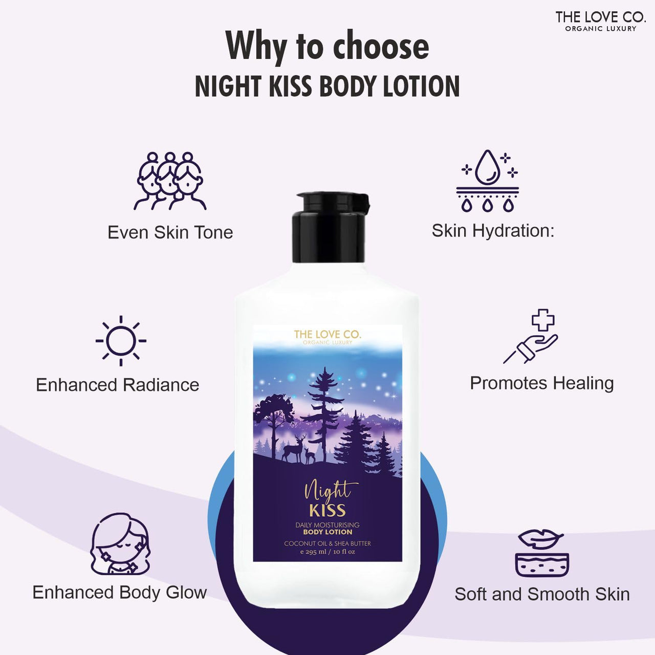 THE LOVE CO. Body Lotion - Moisturizer Cream For Dry Skin - Body Lotion for Women & Men - Body Lotion for Dry Skin with Jojoba Oil, Shea Butter & Vitamin E - 295Ml (Night Kiss)