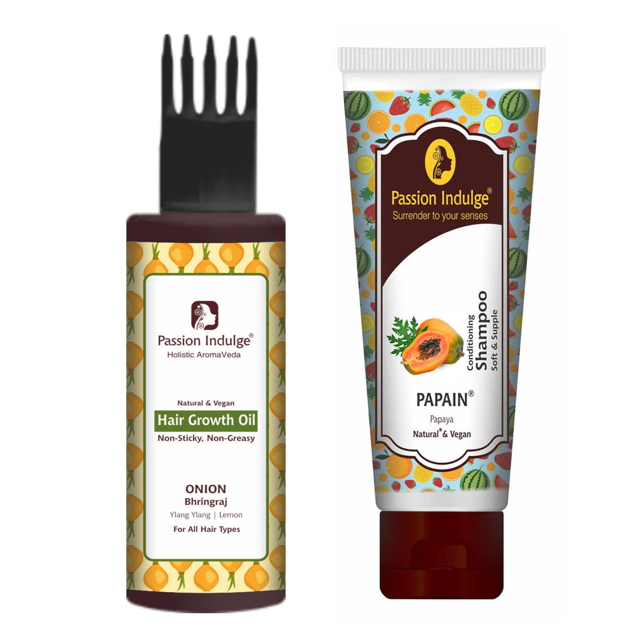 Passion Indulge Onion Hair Growth Oil 100ml & Papain 2 in 1 Conditioning Shampoo 200ml Combo Pack For Anti Dandruff | Hair Fall Control