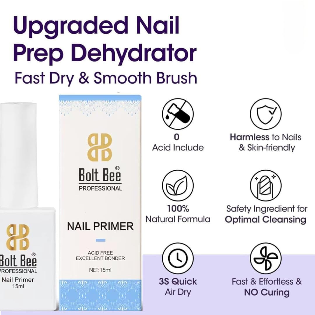 Bolt Bee Professional Natural Acid-Free Primer for Acrylic and Gel Nail Polish, Non Acid Primer for UV Gels Fast Dry Superior Bonding Agent