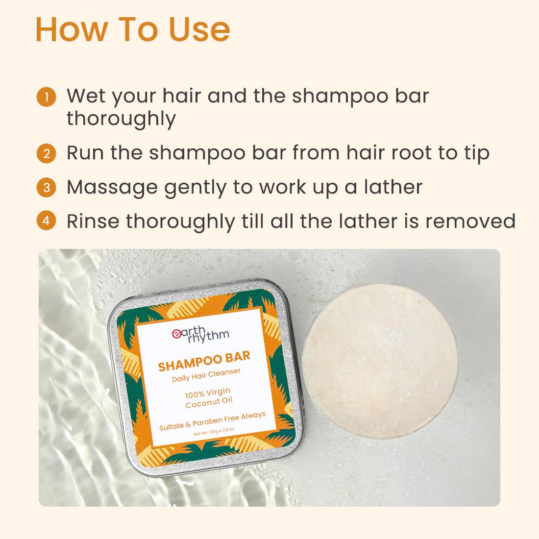Earth Rhythm 100% Virgin Coconut Shampoo Bar Restores Shine, Deeply Nourishes Hair, Stimulates Hair Growth, Sulphate & Paraben Free, Men & Women - 80g