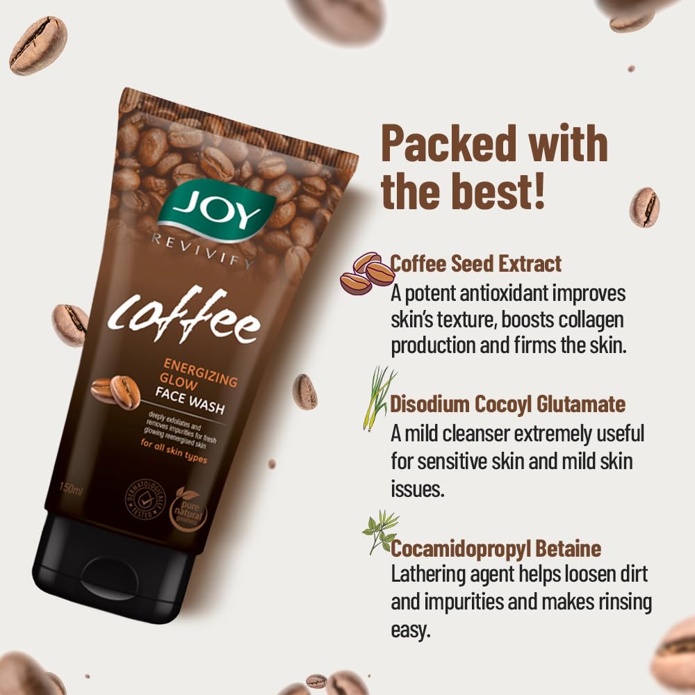 Joy Tan Removal Exfoliating Coffee Face Wash (150ml) | Energizes Dull Skin & Reduces Puffiness | Deep Cleansing Exfoliating Face Wash for All Skin Types, Men & Women