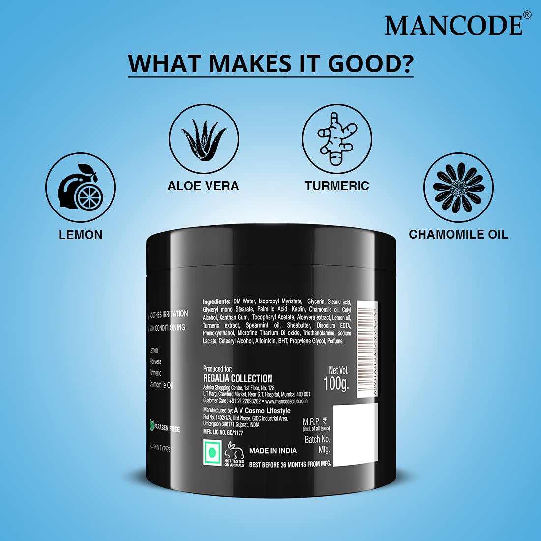 Mancode After Shave Balm (100gm) | Post Shave Treatment | Soothes Skin Irritation | Hydrating Closes Pores | Lemon Oil Aloe vera Turmeric Chamomile Oil No Alcohol (Pack of 1)