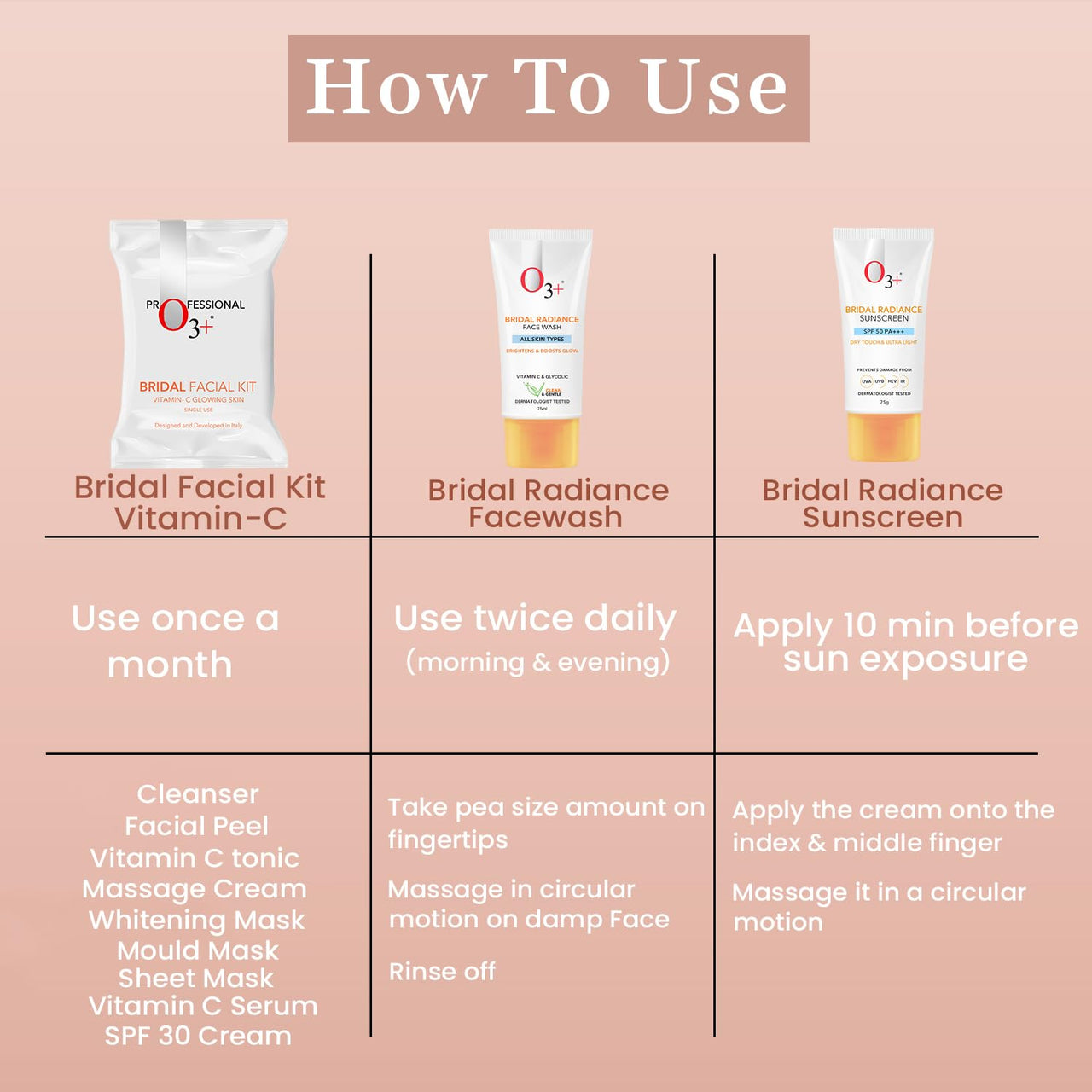 O3+ Radiance Skincare Combo With Bridal Facial Kit Vitamin C Glowing Skin 136g,Bridal Radiance Facewash 75g & Sunscreen 75g