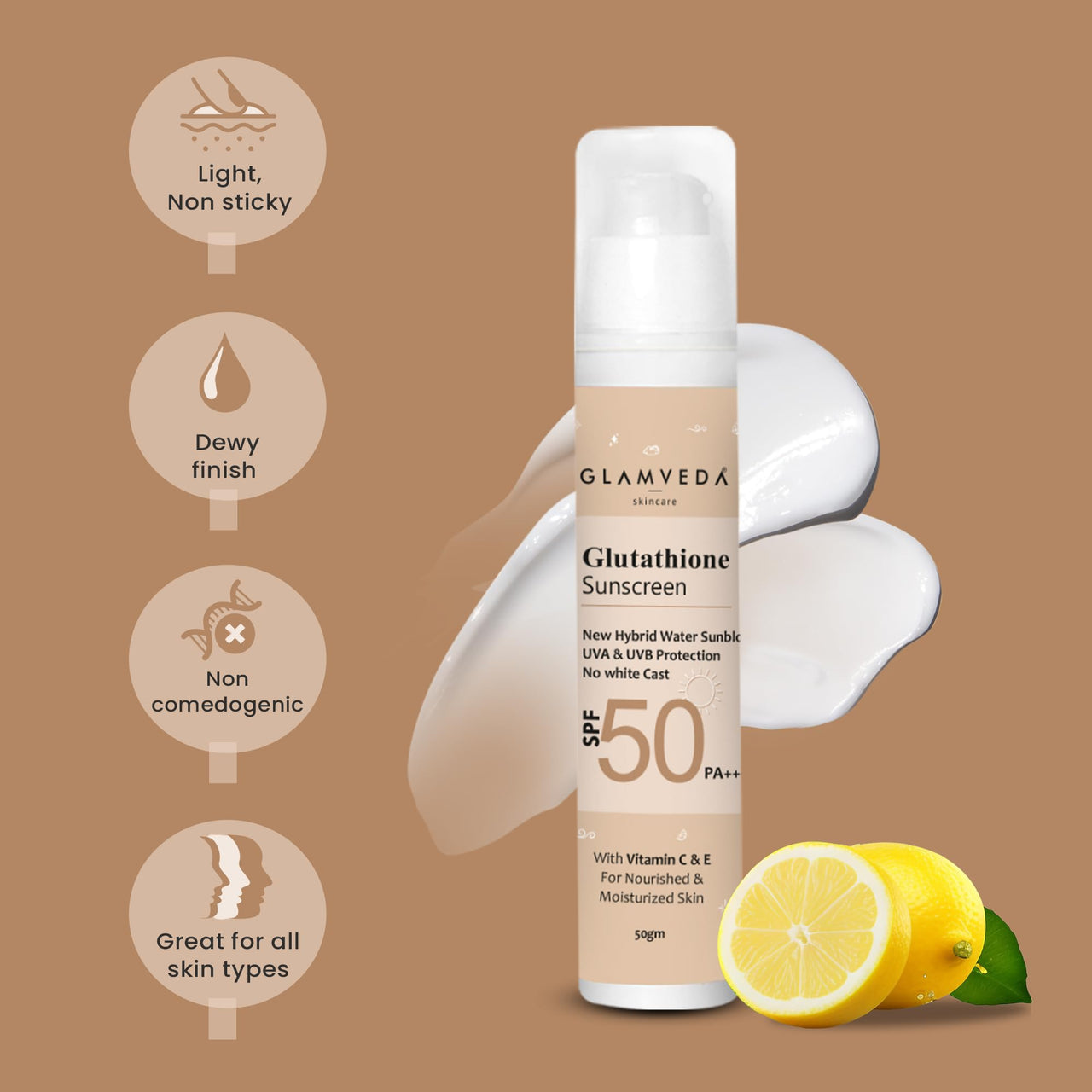 Glamveda Glutathione & Vitamin C Sunscreen SPF 50 Pa+++| Broad-spectrum Sunscreen with Advanced Blue Light Filter | UVA/UVB Protection | No White Cast, Water resistant & Non Sticky | 50gm