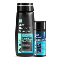 USTRAA Hair Growth Vitalizer 100ml – Clinically Tested | Hair Oil With Redensyl, Saw Palmetto, Vitamins & Anti-Dandruff Shampoo 250ml - With Climbazole, Ginger & Tea Tree Oil, No Sulphates