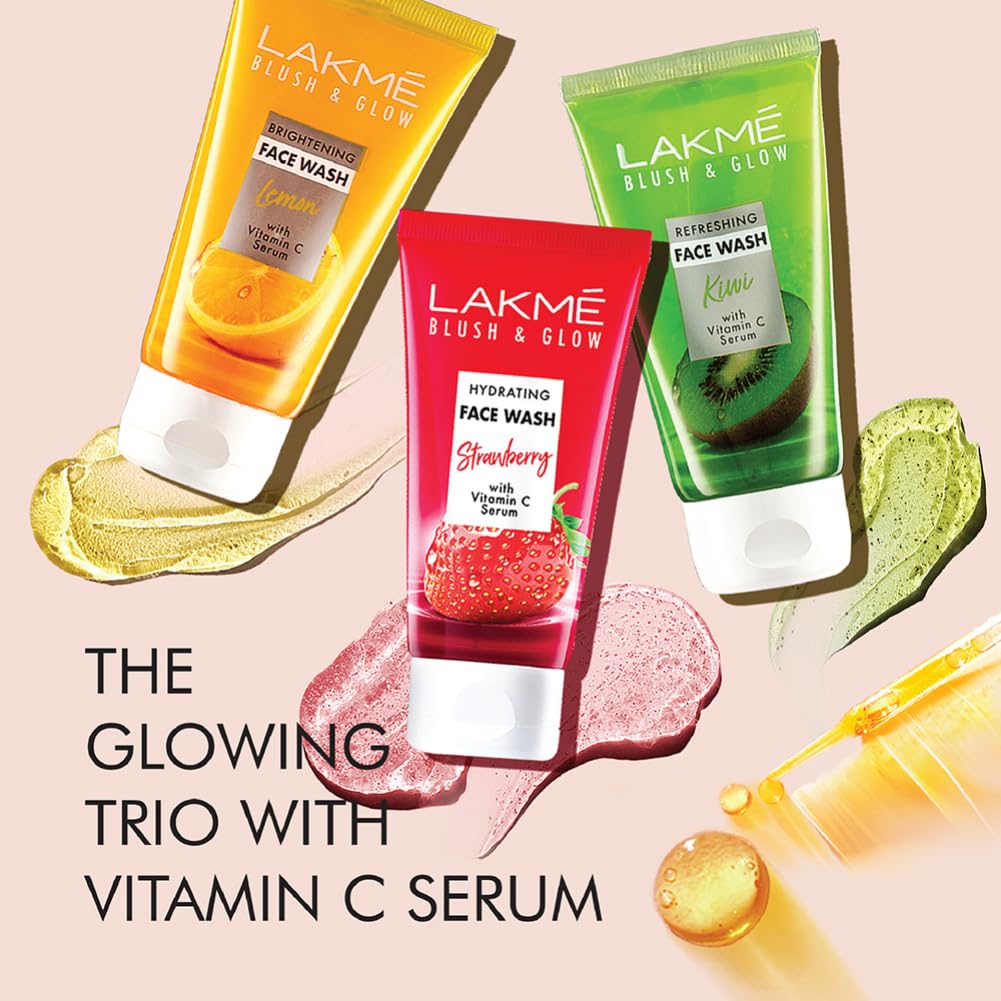 Lakmé Blush & Glow Exfoliating Face Wash with Vitamin C Serum, Hydrating and Gentle Facewash with Strawberry Fruit Extracts, 50gm