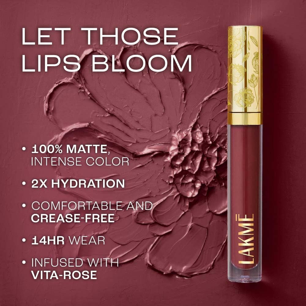 Lakmé Rouge Bloom Matte Lip Liquid, Matte Finish, Longlasting For Up To 14 Hours, Quick Drying & Transfer-Proof, Infused With Vita Rose For Smooth & Moisturised Lips - Enchanted Woods