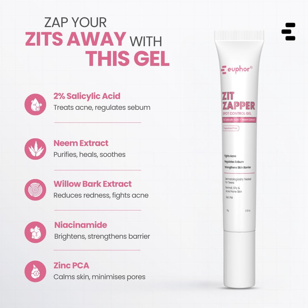 Euphor Teens | Acne Spot Corrector | ZIT ZAPPER Gel | Soothing, Invisible and Non-drying | Anti-Acne, Blackhead remover | Oily and Acne-prone Skin | 2% Salicylic Acid, Neem Extract, Zinc PCA, Niacinamide | PEG-free, Paraben-free, Sulphate-free | For 15yr+