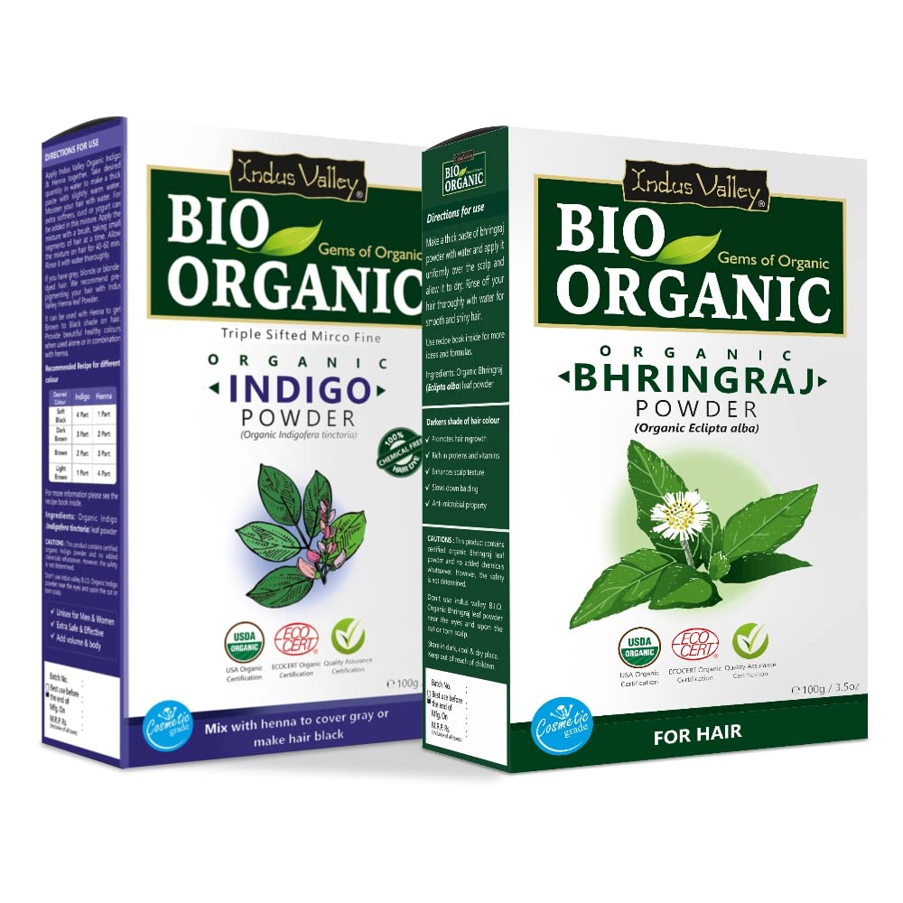 INDUS VALLEY Bio Organic Natural and Pure Indigo Powder with Bhringraj Powder for Hair Care - (100g*2=200g)
