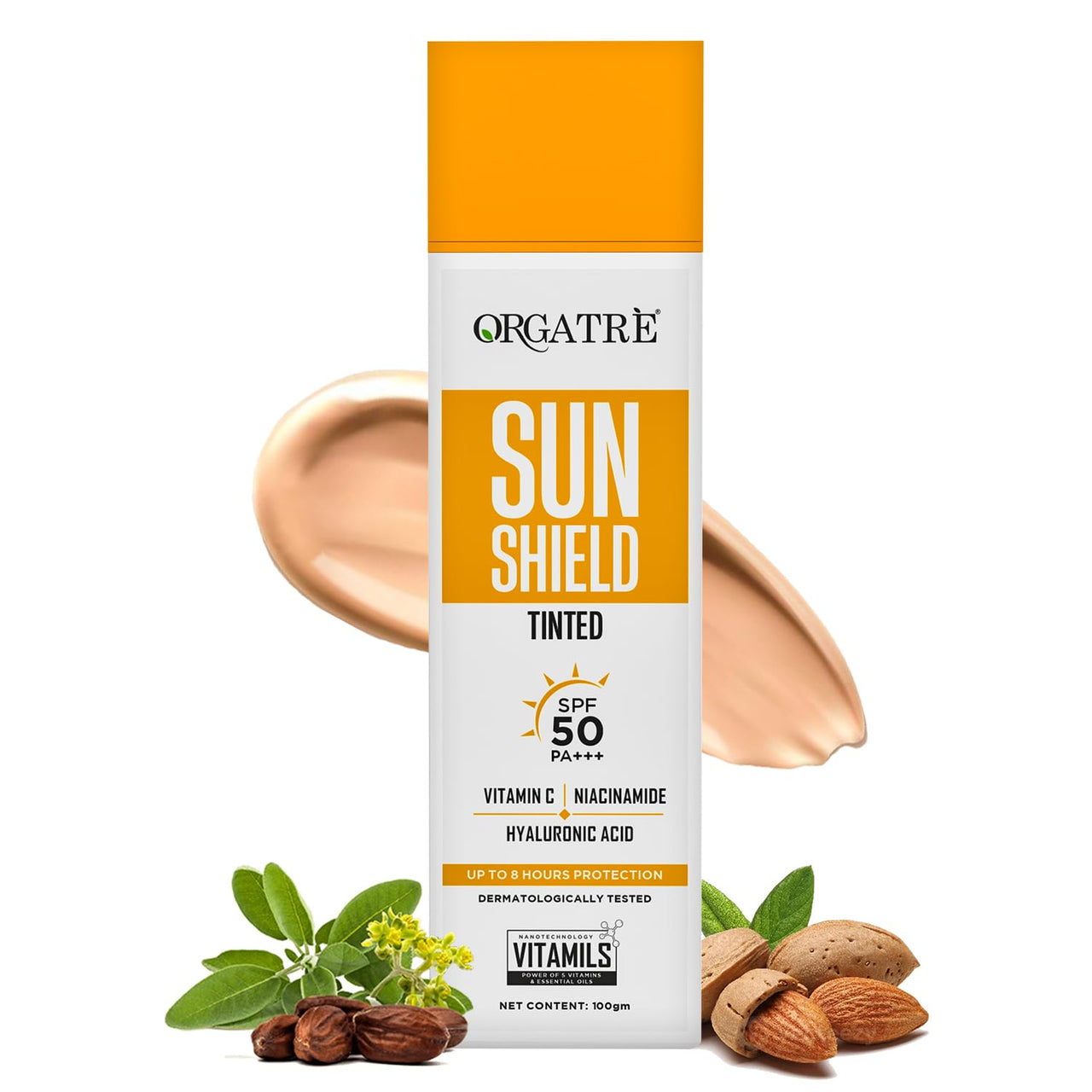 Orgatre Vitamin C Bright Face Sunscreen SPF 50 PA++++ Tinted for Oily & Dry Skin | Lightweight, No White Cast | With Niacinamide & Hyaluronic Acid | UVA/UVB Defense | Water Resistant, Non-Greasy | 100gm