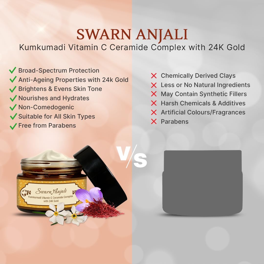 Herbs & Greens Kumkumadi Vitamin C Ceramide Complex with 24K Gold | Anti Aging Skin Brightening Moisturizer for Glow | Natural Face Cream for Woman & Men | Barrier Repair & Radiance Booster | All Skin Types | Day & Night | 50 gm
