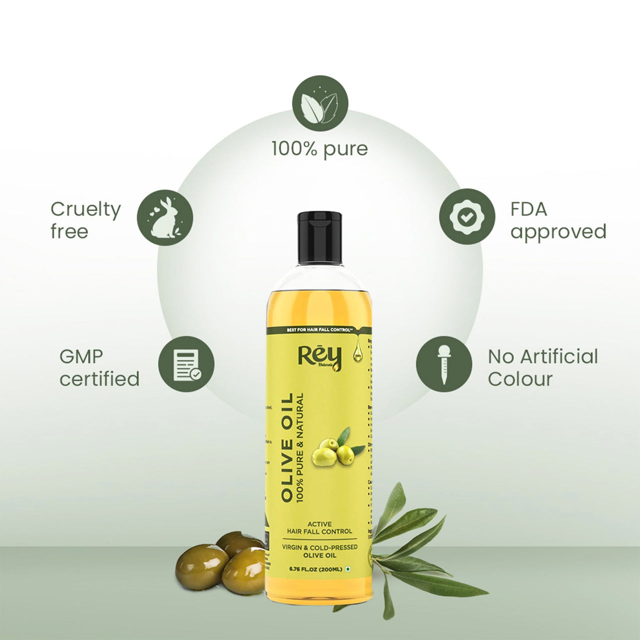 Rey Naturals Cold Pressed Extra Virgin Olive Oil For Hair | Nourishing Hair Oil For All Hair Types | Deeply Moisturizes, Repairs And Strengthens Hair | For Good Hair Texture And Adds Shine - 200ml