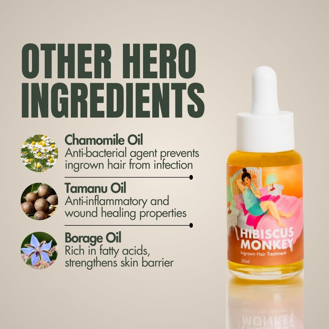 Hibiscus Monkey Ingrown Hair Treatment | 100% Plant Derived | Reduces Ingrown Hair, Soothes Razor Burns, Prevent Acne Breakout Post-Shaving or Waxing | Reduce Skin Irritation | Jojoba, Almond, Tamanu, Plant Salicylic (1%) | Dermatologist Tested