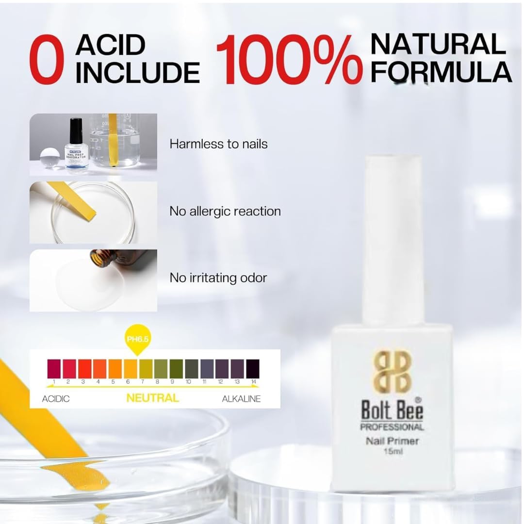 Bolt Bee Professional Natural Acid-Free Primer for Acrylic and Gel Nail Polish, Non Acid Primer for UV Gels Fast Dry Superior Bonding Agent