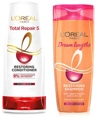 L'Oreal Paris Dream Lengths Shampoo, 192.5 ml & L'Oreal Paris Total Repair 5 Restoring Conditioner with Keratin XS, 192.5ml