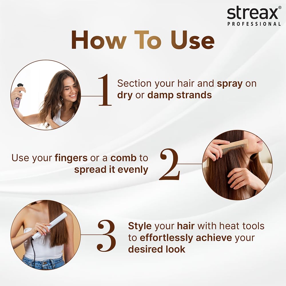 Streax Professional Hold & Play Heat Protection Spray For Hair -200 Ml, Hair Styling Spray For Women & Men, Heat Protectant Spray For Hair Upto 250°C & 2X Less Hair Breakage