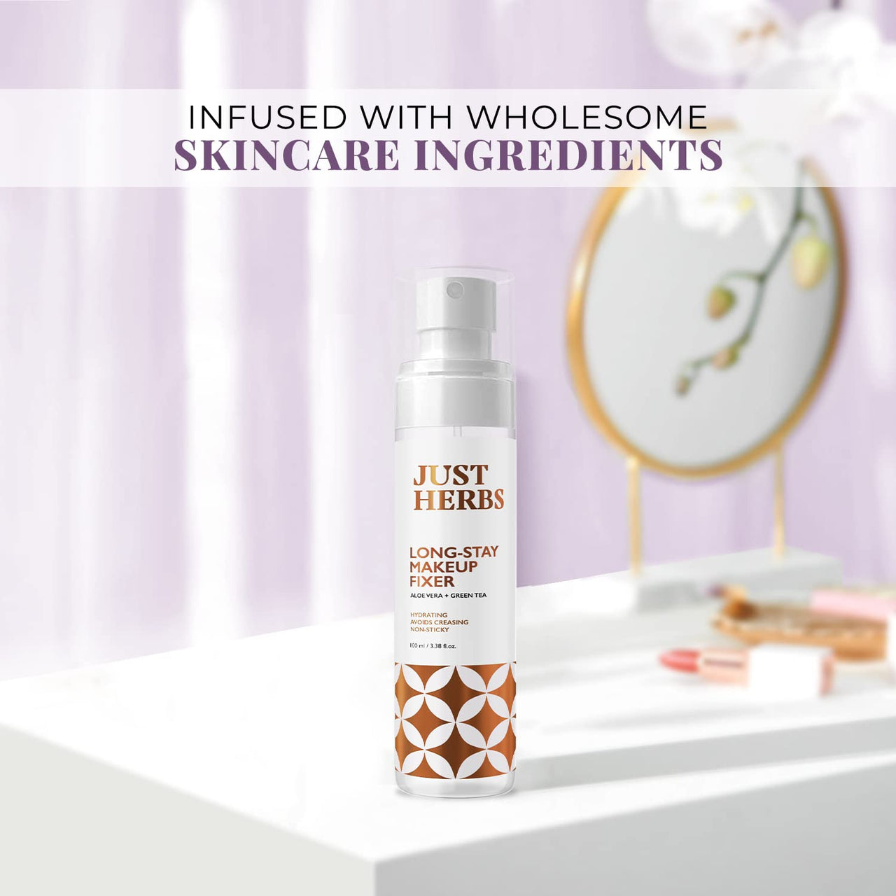 Just Herbs Long Stay Non Sticky Makeup Fixer, Setting Spray for Face Makeup with Aloevera and Green Tea 100 ml