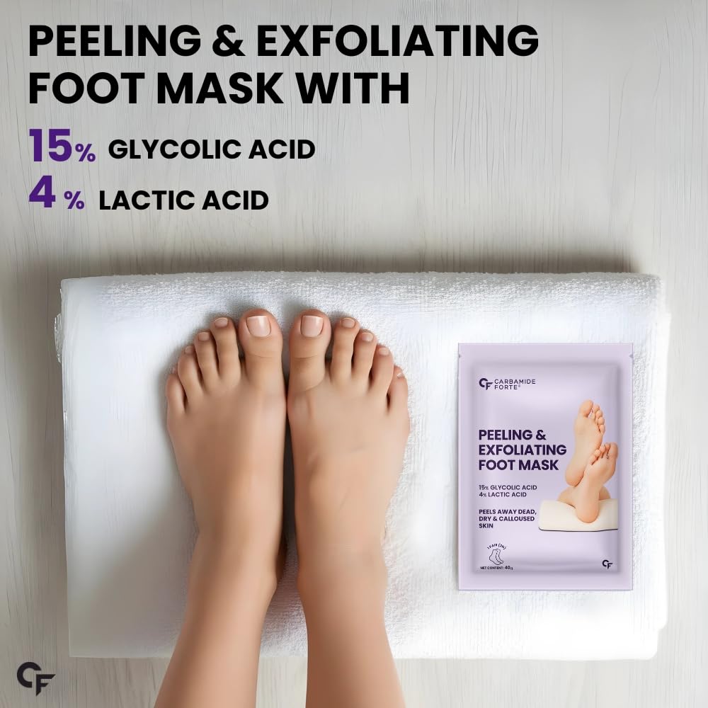 Carbamide Forte Peeling & Exfoliating Foot Peel off Mask for Dry & Calloused Feet | Foot peeling mask With 15% Glycolic Acid, 4% Lactic Acid & Aloe Vera | Helps Remove Dead Skin, Soften Cracked Heels & Calluses | 1 Pair (40g)