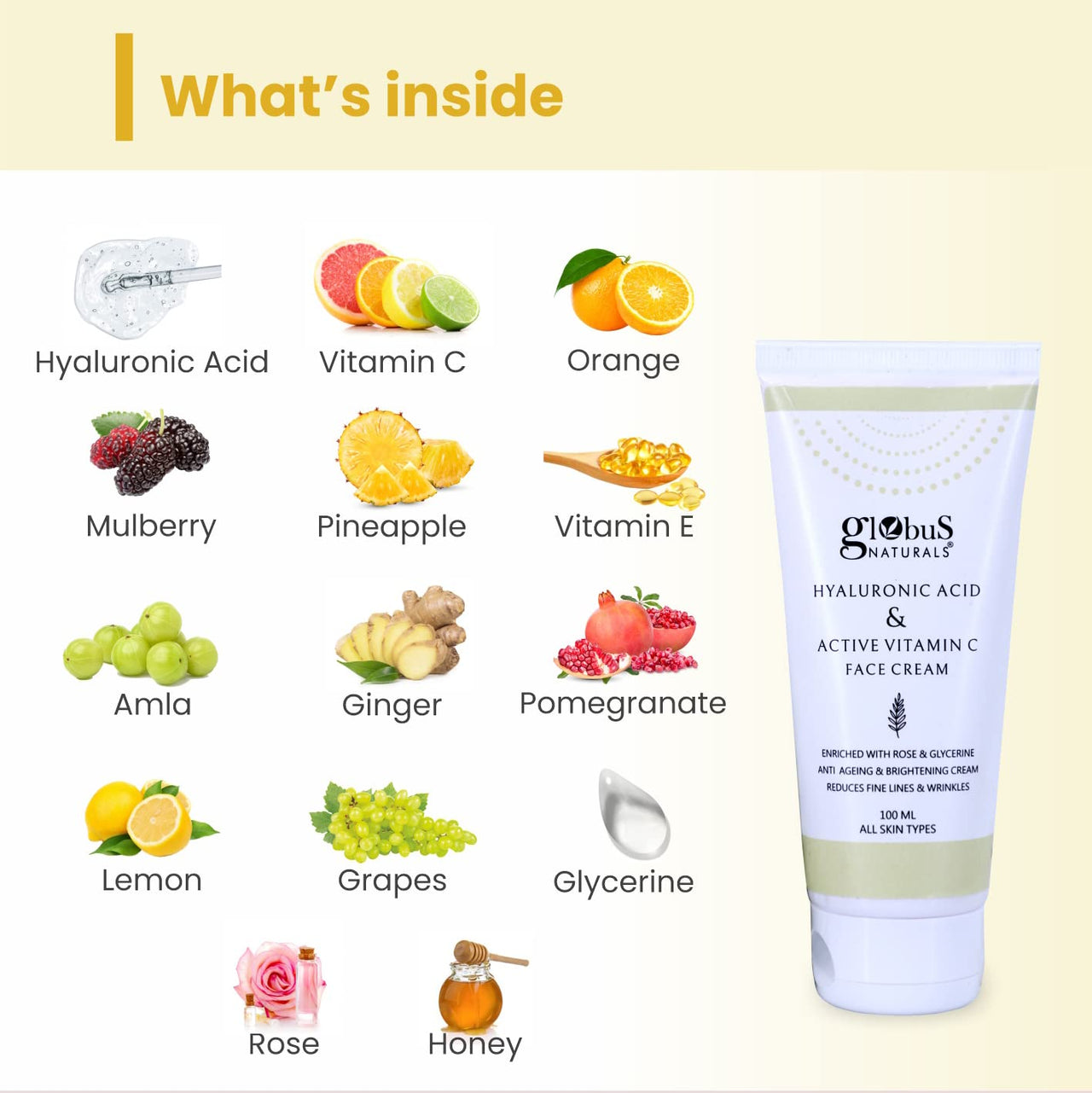 Globus Naturals Hyaluronic Acid & Vitamin C Anti Ageing Face Cream, Enriched with Rose & Glycerine, Skin Lightening & Brightening Formula, 100 ml, Pack Of 3