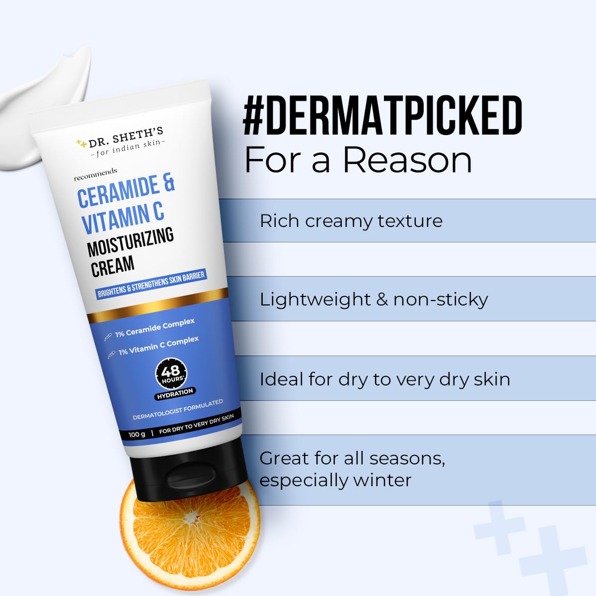 Dr. Sheth's Ceramide & Vitamin C Moisturizing Cream |For Dry to Very Dry Skin | Brightens & Strengthens Skin Barrier | 48hr Deep Hydration | Non Sticky | Biomimetic Ingredients | For Men & Women |100g