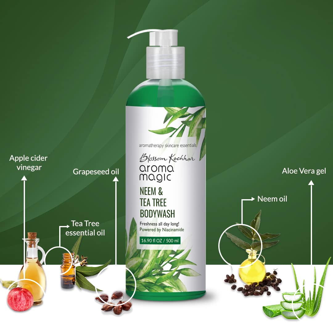 Aroma Magic Neem & Tea Tree Body Wash Pwrd by 5% Niacinamide | Removes harmful bacteria, protects with anti-microbial & antioxidant properties with neem oil, tea tree oil, Apple cider vinegar –250ml