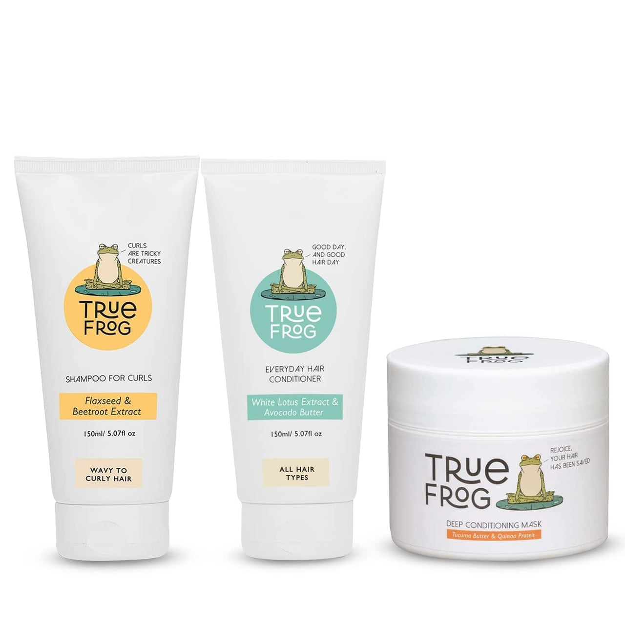 True Frog Shampoo For Curls (150 ml), Everyday Hair Conditioner (150 ml) & Deep Conditioning Mask (200 g) For Curly and Wavy hair to Repair and Rejuviante Curls - Combo Pack of 3