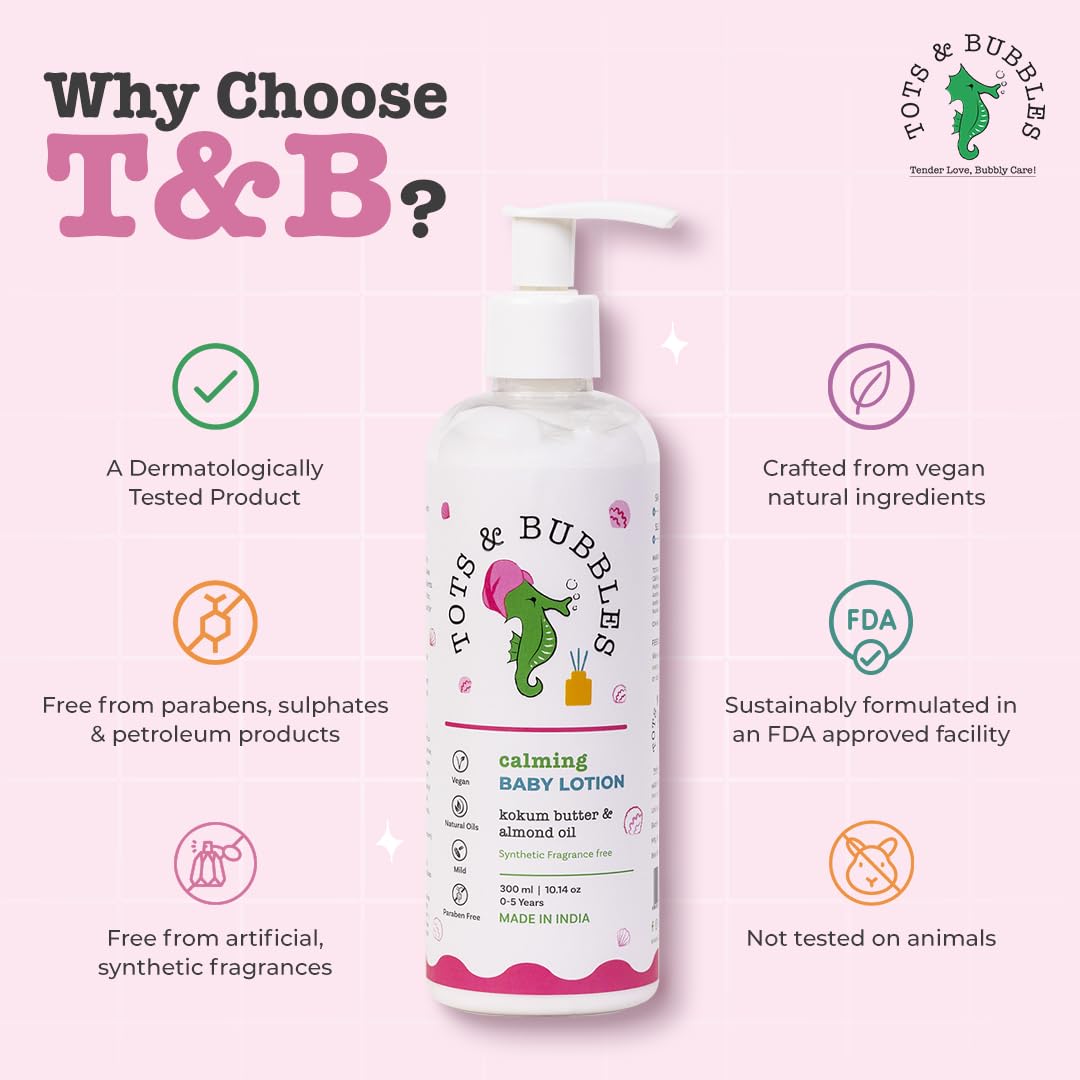 Tots & Bubbles Calming Baby Body Moisturizing Lotion – 300ml | Pediatrician Recommended Baby Cream | Kokum Butter & Sweet Almond Oil | Helps in Skin Nourishment | Coconut & Cardamom Oil, Konjac Root Extracts | No Artificial Fragrance, 0-5 years