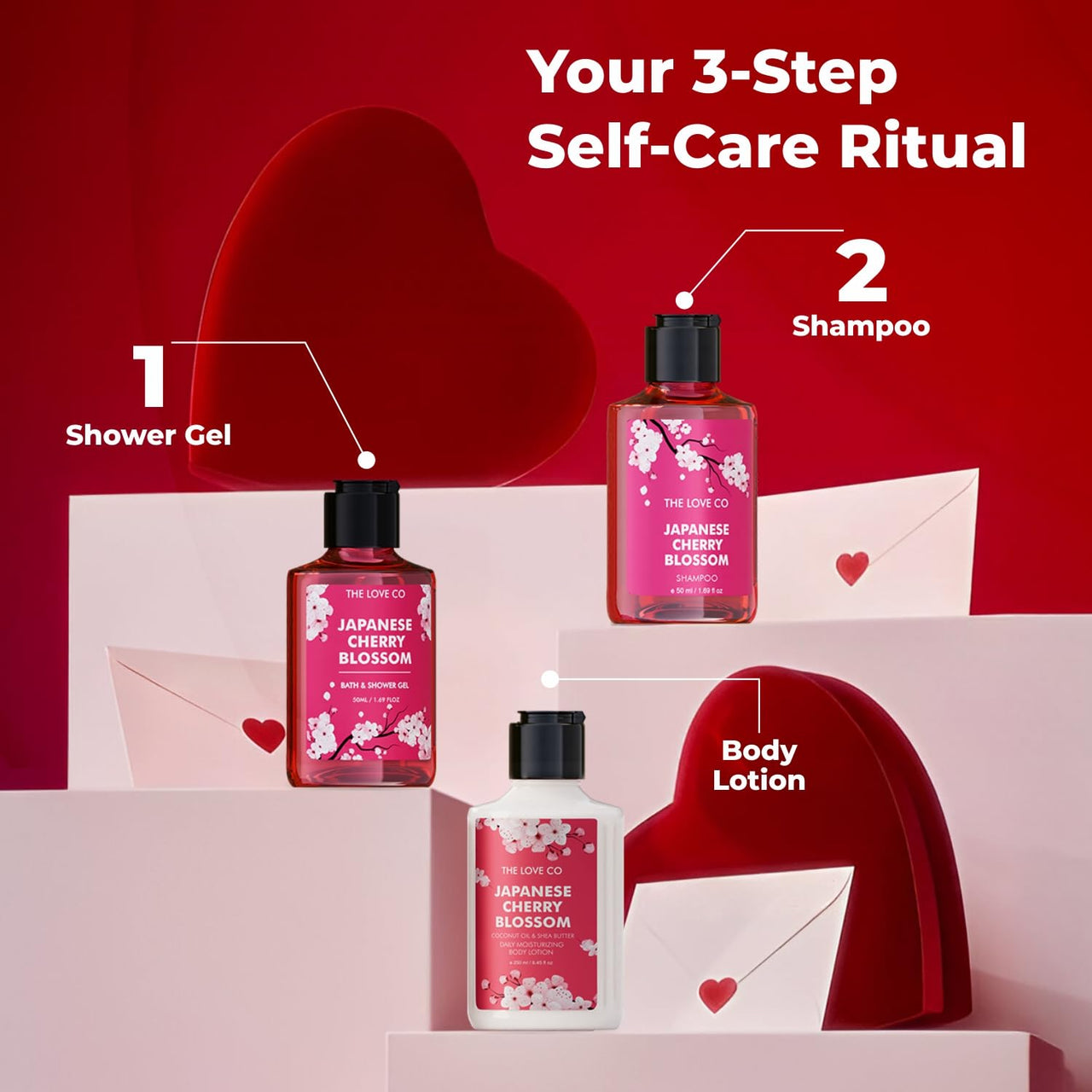 THE LOVE CO. Japanese Cherry Blossom Gift Collection| Indulge in Travel Pack Shower Gel, Body Lotion & Shampoo | Ideal Birthday & Special Occasion Hamper - Pack of 3