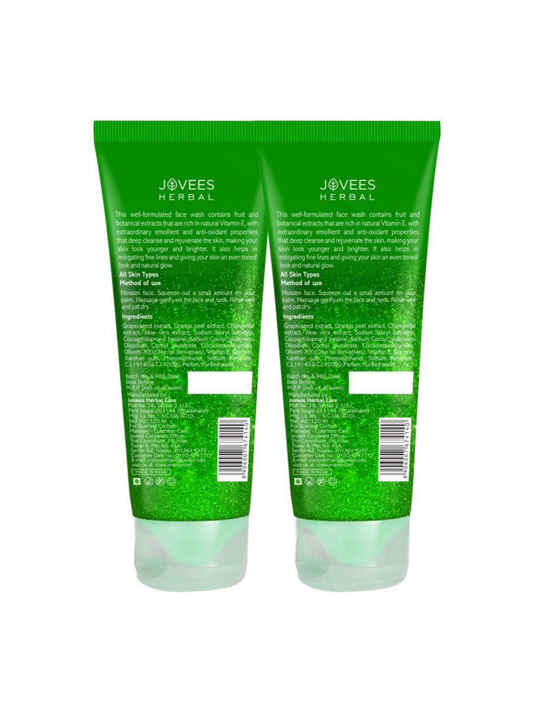 Jovees Herbal Grape Face Wash With Grape Seed & Orange Peel Extracts | For Brighter & Glowing Skin | Reduces Uneven Skin Tone & Fine Lines | For All Skin Types 120 ML (Pack of 2)