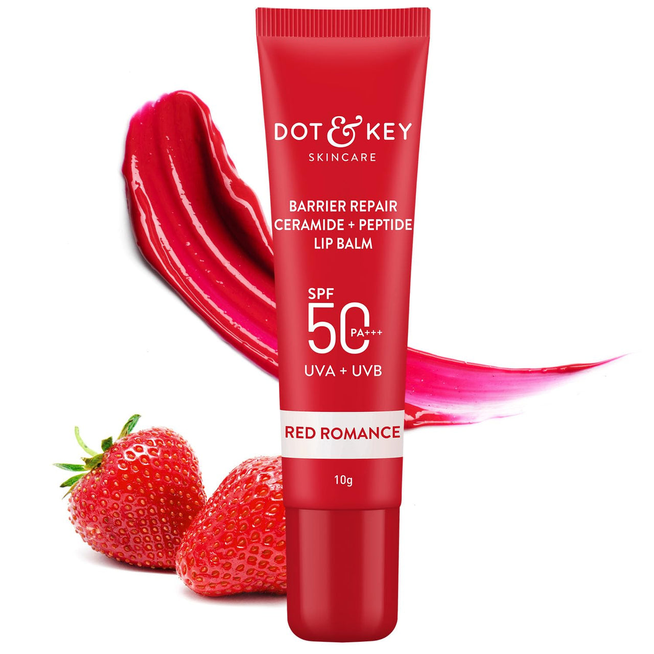 DOT & KEY Ceramide&Peptide Barrier Repair Lip Balm Spf 50,Pa+++|Red Romance|Uva/Uvb Lip Protection|Soft Tinted Lip Moisturizer|Boosts Collagen&Instantly Plumps Lip|Prevents Pigmentation|10Gm,1 Count