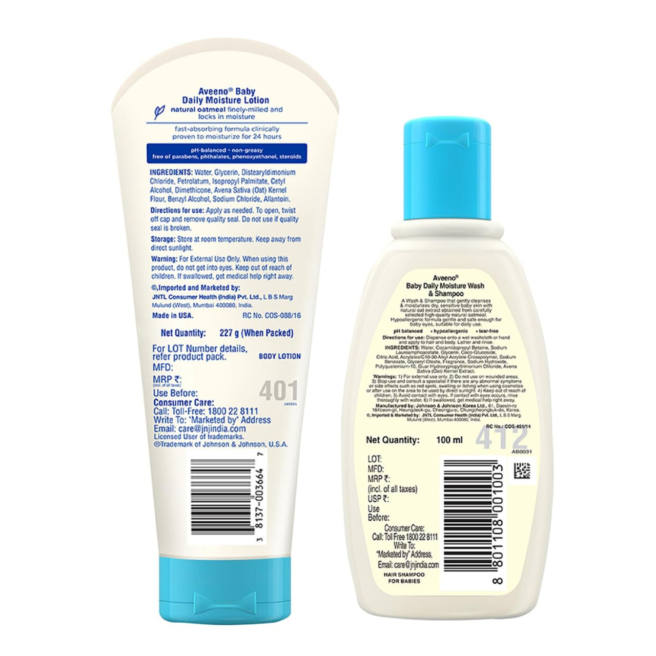 Combo pack Aveeno Baby Daily Moisture Lotion (227g) + Wash and Shampoo (100ml) | With natural oat extract | Hypoallergenic, pediatrician recommended | Cleanses, nourishes, soothes & protects baby's sensitive skin