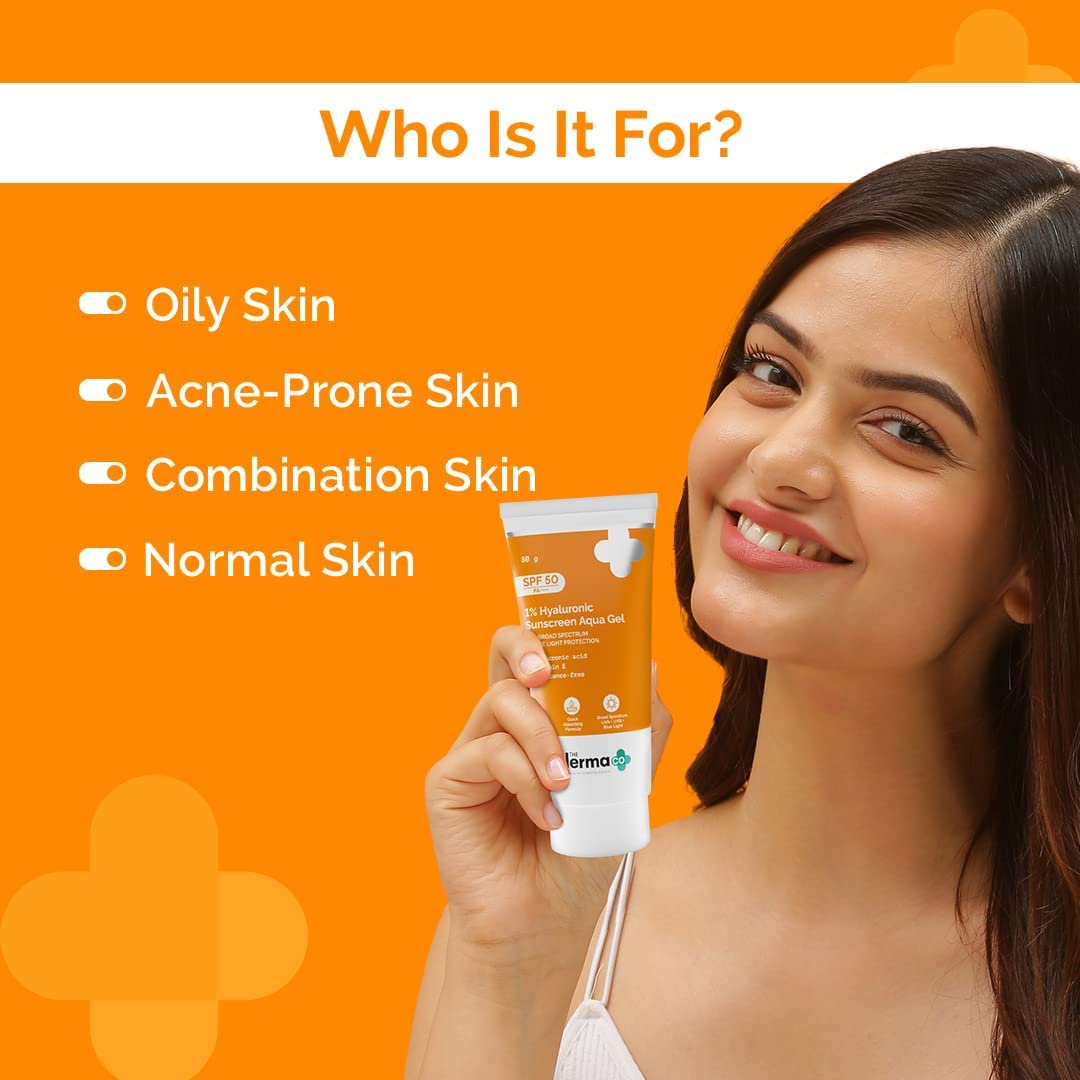 The Derma Co 1% Hyaluronic Sunscreen Aqua Gel SPF 50 PA++++ I For Oily, Dry, Acne-prone Skin | Ultra Lightweight Texture | Non-Greasy, No White Cast | Broad Spectrum Protection & Blue Light Protection | For Men & Women | 80 g x 2