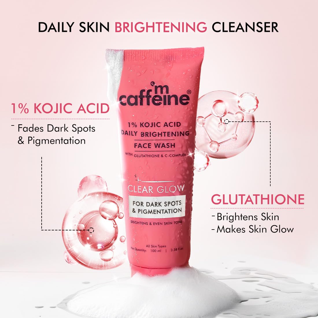 mCaffeine CLEAR GLOW 1% Kojic Acid Daily Brightening Face Wash with Glutathione For Dark Spots & Pigmentation |Brightens Skin |Face Wash For Men & Women | Non-Drying, Fragrance Free - 100ml