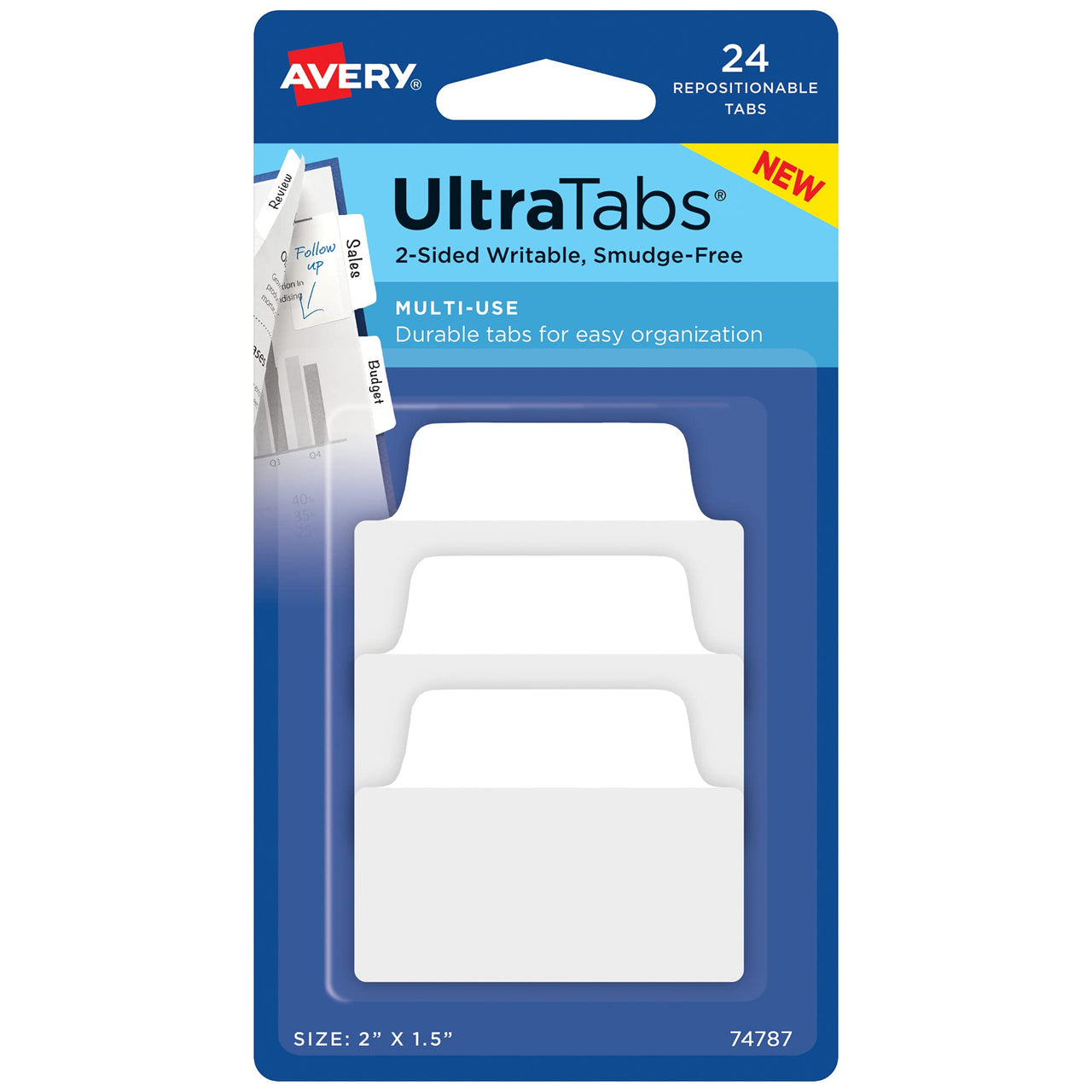 Avery Multiuse Ultra Tabs, 2" x 1.5", 2-Side Writable, White, 24 Repositionable Tabs (74787)