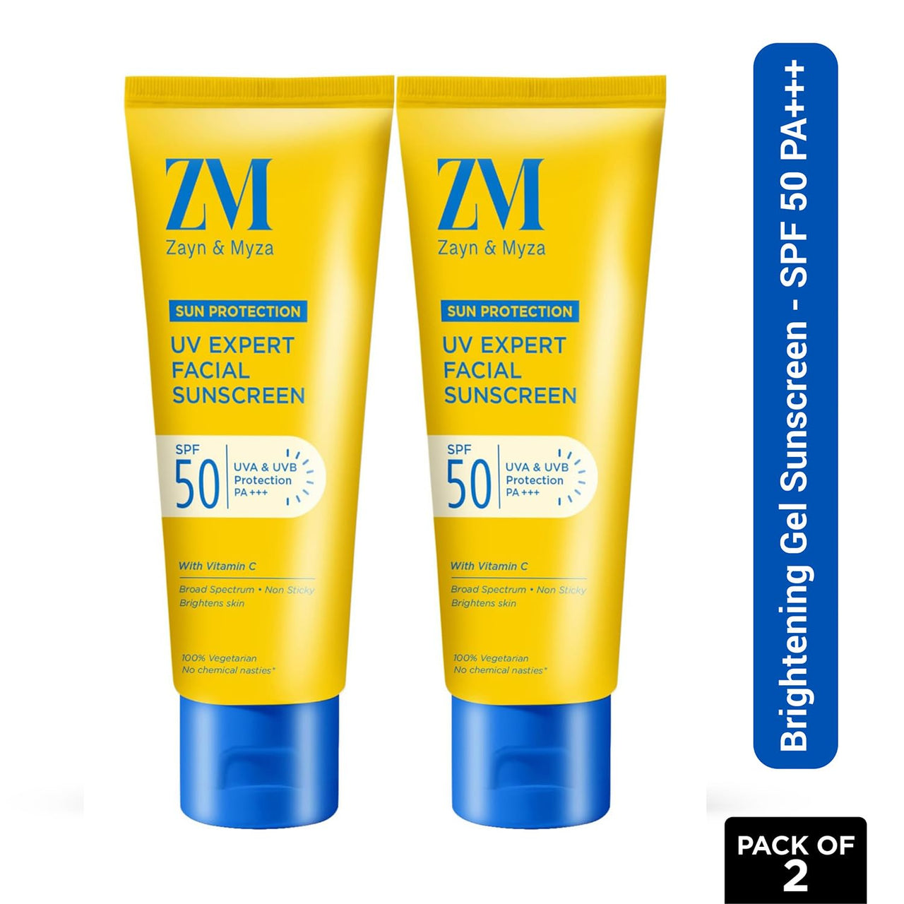 ZM Vitamin C UV Expert Hydrating Gel Sunscreen SPF 50 PA +++ For Bright & Glowing Skin | Non-Greasy, Quick-Absorbing | UVA UVB Sun Protection | Sunscreen For Women & Men - (Pack of 2) (50gm x 2)