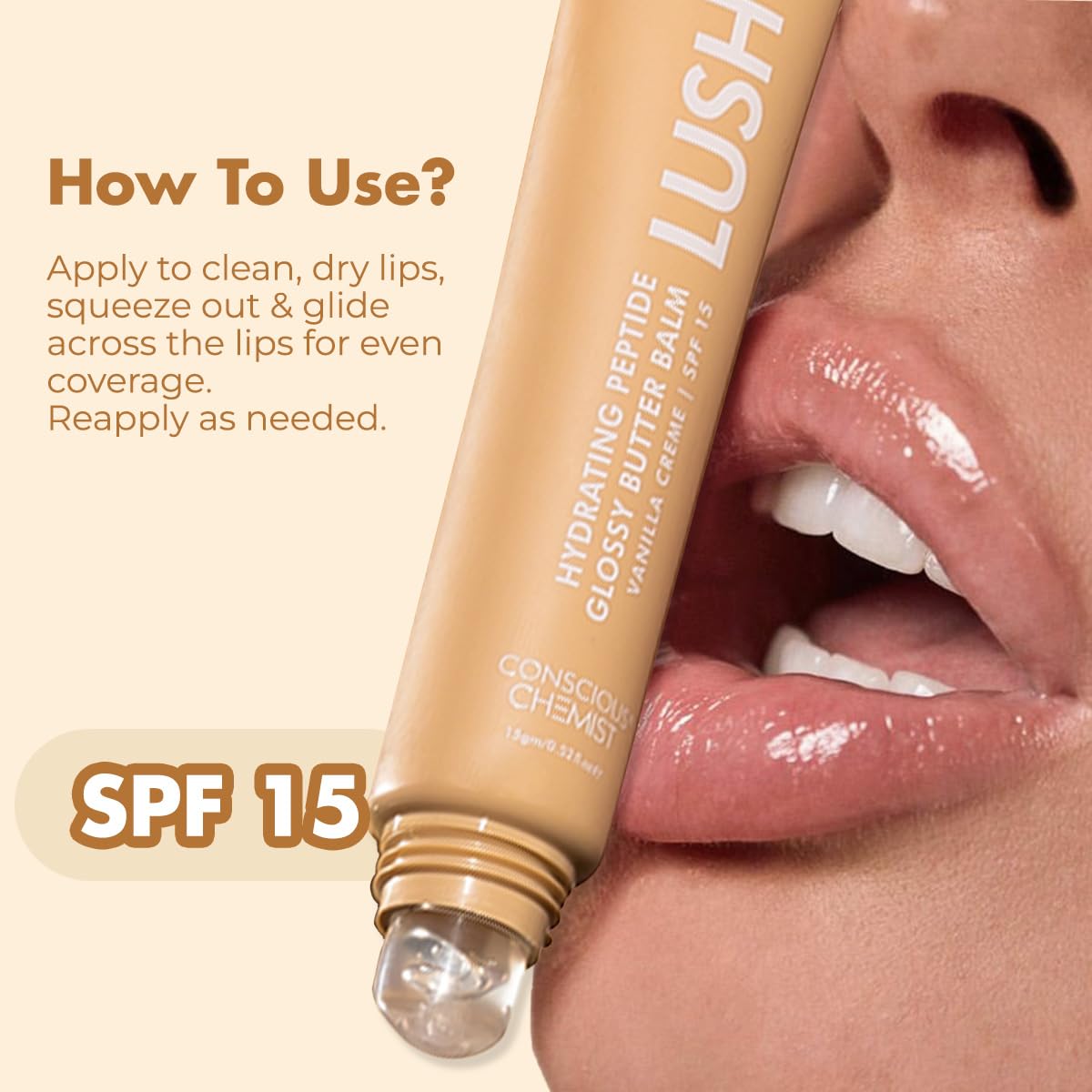 Conscious Chemist® Peptide Lip Balm - Lush Lips with SPF15 | 15g | Vanilla Creme | For Dry & Chapped Lips | 24 hr Hydration & Moisturizing | for Men & Women | Lip Balm for Pigmentation & Dark Lips | Sun Protection | Soothes Dry Lips & Repair Moisture Barr