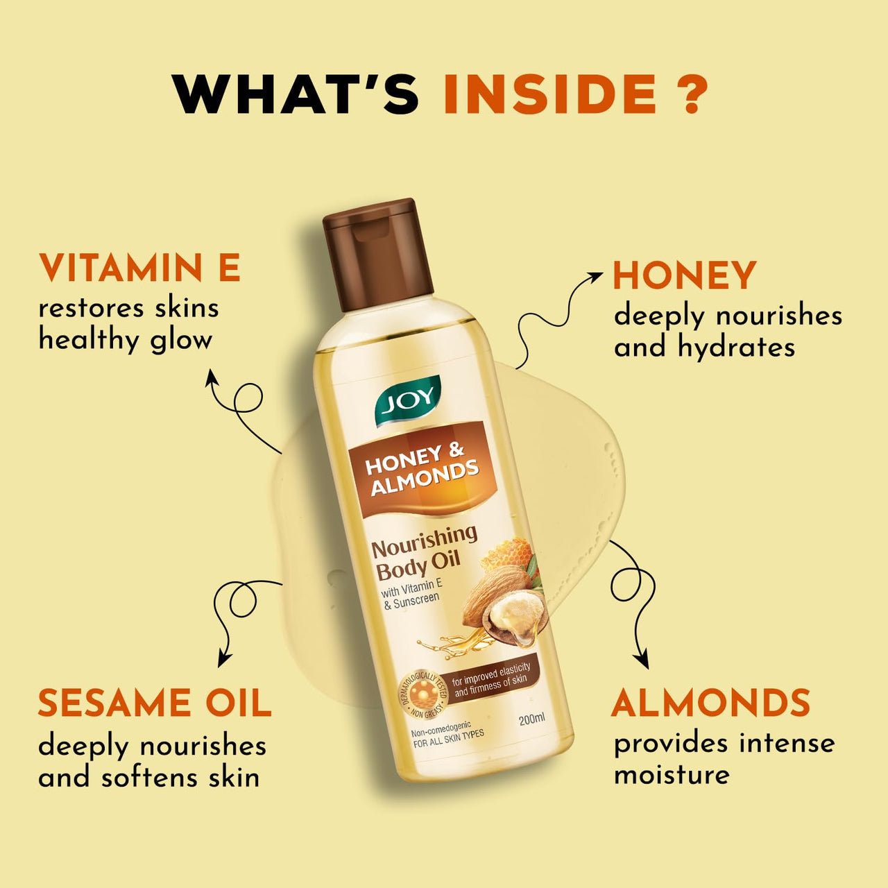 Joy Honey & Almonds Body Oil – After-Bath Daily-Use Badam Massage Oil with Vitamin E & Sunscreen | Full-Body Relaxation, Dry-Skin & Summer Moisture | 200 ml