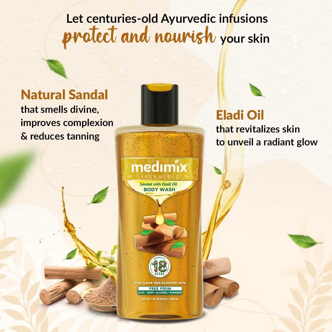 Medimix Ayurvedic Body wash, Sandal With Eladi Oil For Clear, Glowing And Tan-Free Skin 250ml + 50ml | Herbal Shower Gel | Paraben-free & Sulphate-free