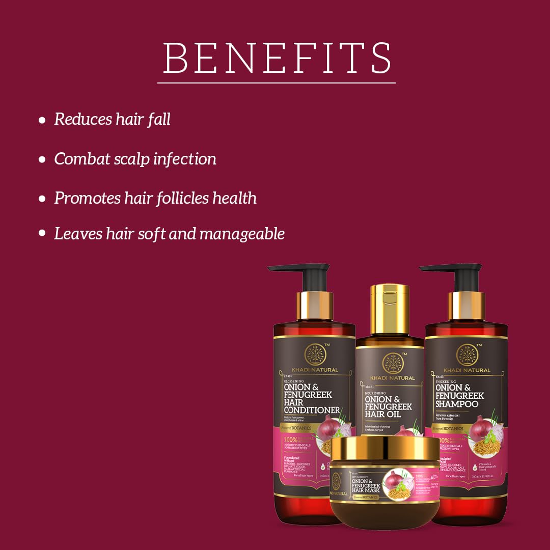 Khadi Natural Hair fall control solution|Onion & Fenugreek shampoo 310ml| Onion & Fenugreek conditioner 310ml|Onion & Fenugreek hair oil 200ml|Onion & Fenugreek hair mask 200gm