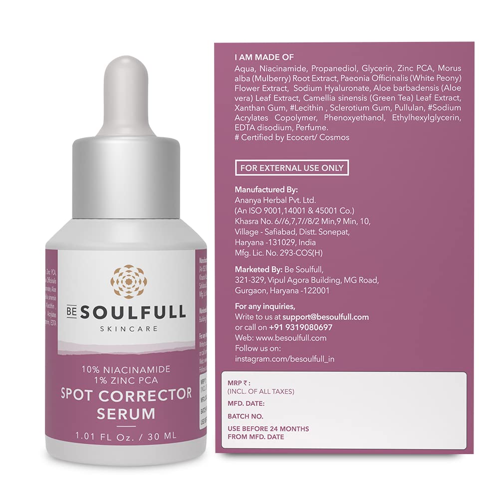 BE SOULFULL Spot Corrector Serum with 10% Niacinamide, 1% Zinc PCA for Normal to Oily Skin- Serum for Clear and Spotless Skin- Refine Skin Tone and Texture- checks Discoloration and Minimize Large Pores- 30ML