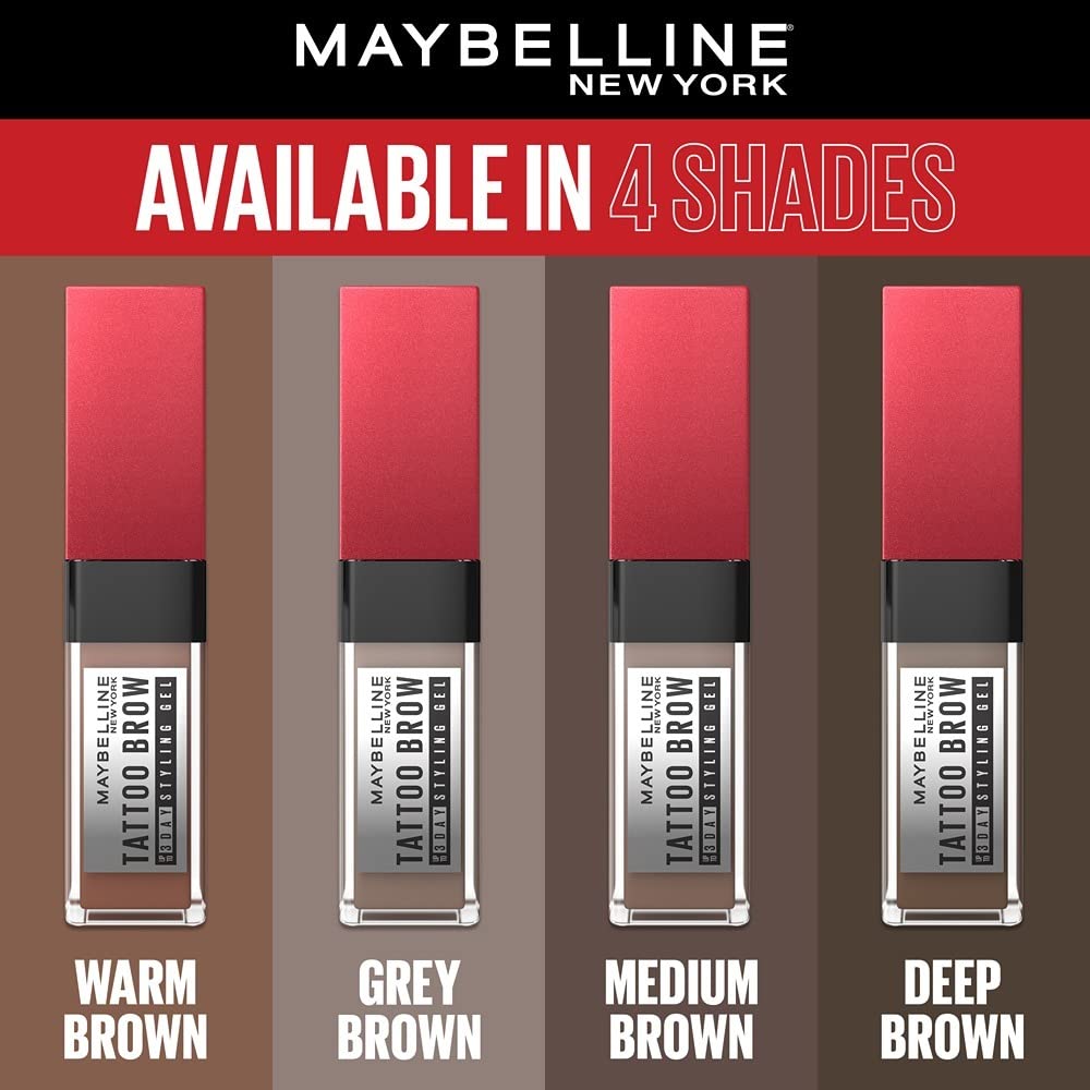 Maybelline New York Tattoo Brow 3 Day Styling Brow Gel - Medium Brown, Semi-permanent Tinted Eyebrow Gel, Water, smudge & Transfer-proof. Tattoo Brow 3 Day Styling Brow Gel Last Up To 3 Days | 6ml