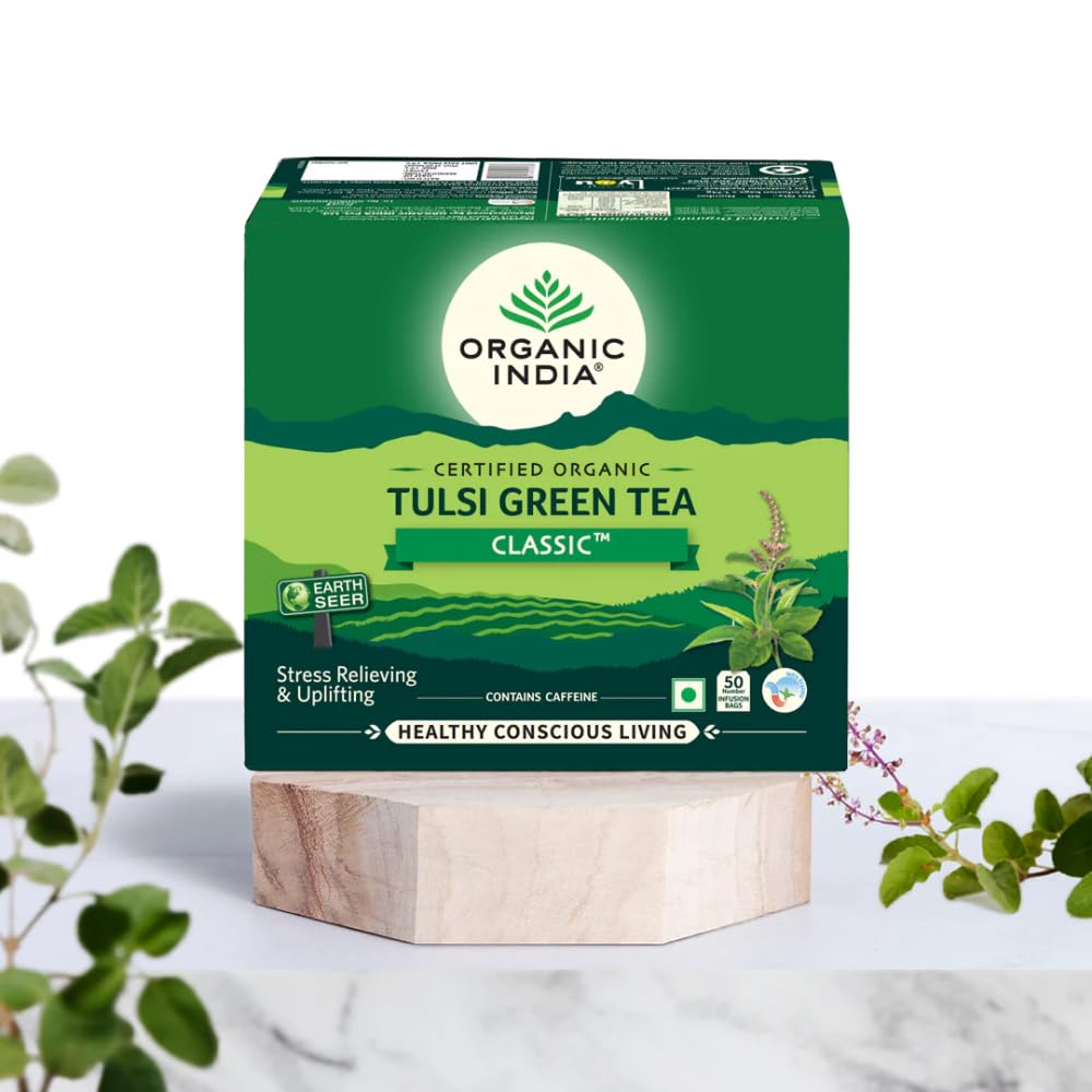 A TATA Product - Organic India Tulsi Green Tea Classic - 50 Tea Bags, Stress Relieving, Uplifts Mood, Rich in Antioxidants, Blend of Rama, Krishna & Vana Tulsi, Certified Organic