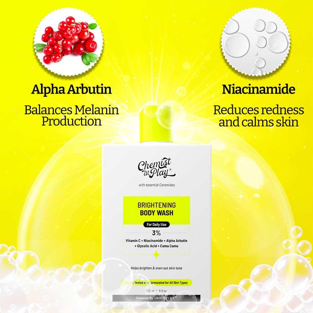 Chemist at Play Brightening Body Wash | Glowing Skin Vitamin C Bodywash | Helps to Reduce Fades Dark Spots, Tan & Evens out Skin Tone | Alpha Arbutin | 30X Vitamin C with Camu Camu | For Women & Men | 236ml